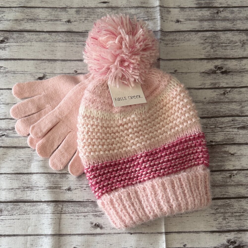 Girls Pink Striped Knit Pom Hat & Gloves Set by Falls Creek NWT